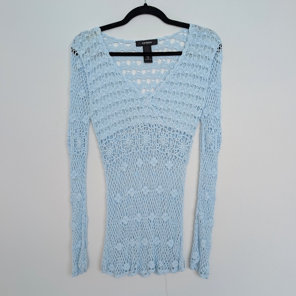 Y2K Crochet Knit Babydoll VNeck Long Sleeve Light Blue Knit Sweater Sz M Express